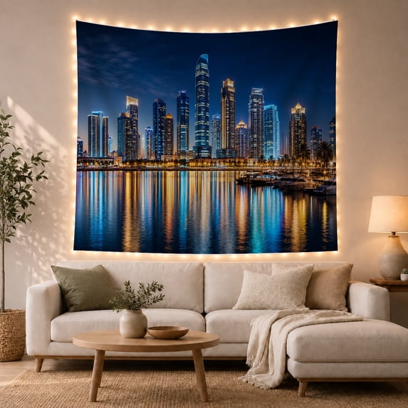 Modern Cityscape at Night with Glowing Skyscrapers on Water, Dramatic Coastal Art for Urban Decor Enthusiasts, Coastal Wall Art, Christmas Gift, Tapestry Wall Hanging for Living Room and Office