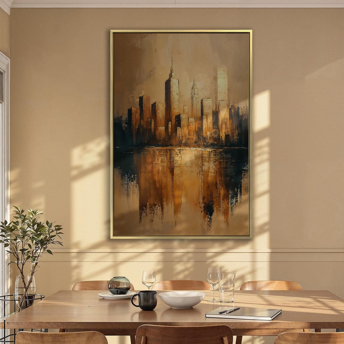 Modern Cityscape Wall Art Golden Skyline Reflection Poster Abstract ...