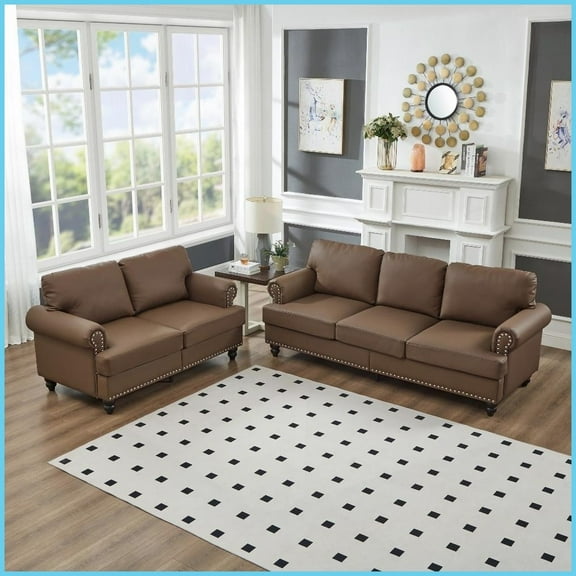Modern Classic 2+3 Seater Leather Sofa Set for Living Room Brown Imitation Cowhide with Storage & Removable Covers