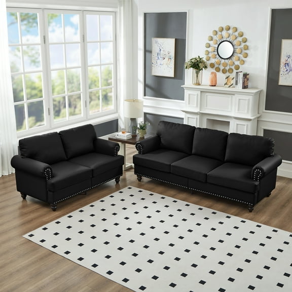 Modern Classic 2+3-Seater Living Room Loveseat & Sofa, Faux Cowhide Leather Upholstered Couch with Nail Decoration (Black)
