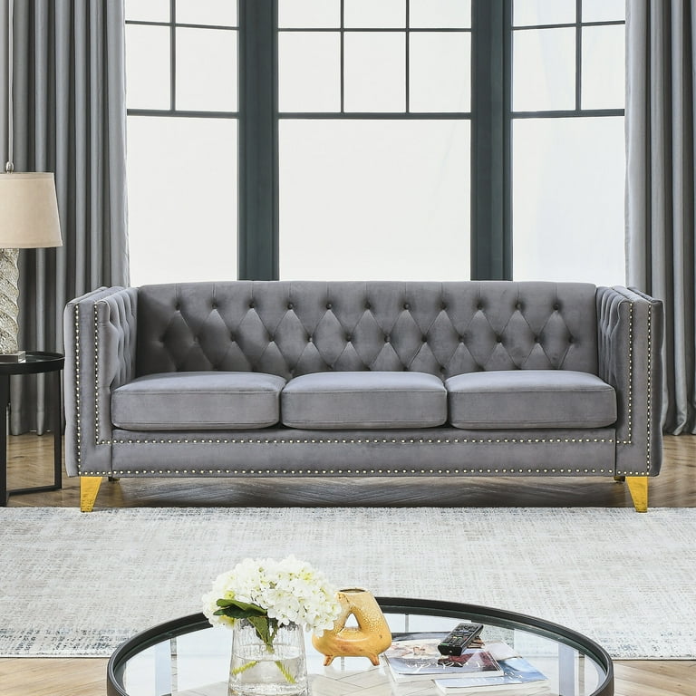 Grey sofa with nailhead trim discount