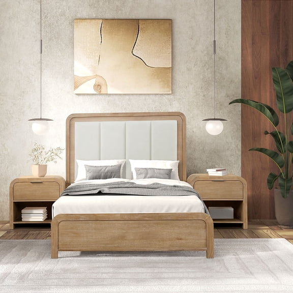 Modern Classic 3pc Bedroom Set Queen Size Bed Channel Padded HB 2x Nightstands Wooden Furniture