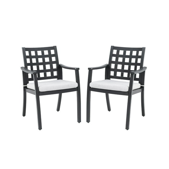 Modern Classic Cast Aluminum Outdoor Patio 2-Piece Dining Chairs, Textured Ember Black Finish, Ergonomic Lattice Backrest Design, Sunbrella Fabric Cushion, Weather-Resistant and Durable for Garden