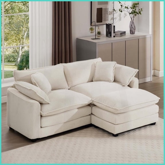 Modern Classic Corduroy Two-Seater L-Shaped Sofa with Ottoman for Small Living Spaces, Light Beige