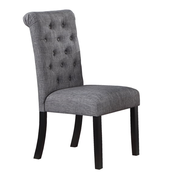 Modern Classic Dining Room Furniture Natural Wood Round Dining Table 4x Side Chairs Charcoal Fabric Tufted Roll Back Top Chair Storage Shelve 5pc Dining Set