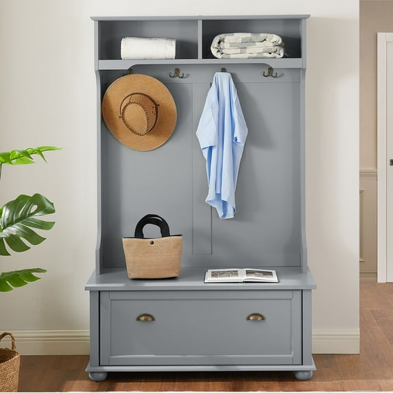 Modern Classic Hall Tree In White With Shoe Rack Bench, Coat Hooks, And Open Shelves For Entryway Organization
