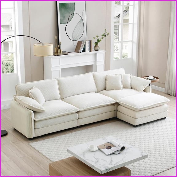 Modern Classic L-Shaped 3-Seater White Corduroy Sectional Sofa with Ottoman for Living Rooms | White | Corduroy | Cushion Back