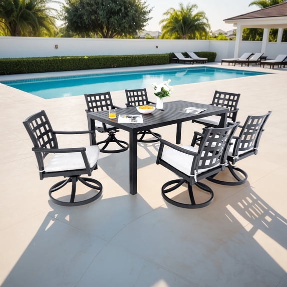 Modern Classic Outdoor Patio Dining Set, Rectangular Table,Six Chairs,Cast Aluminum,Rust-Free,Textured Ember Black,Sunbrella Cushions,Weather-Resistant,for Cozy Garden Settings