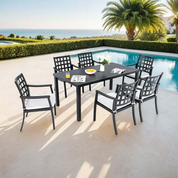 Modern Classic Outdoor Patio Dining Set, Rectangular Table,Six Chairs,Cast Aluminum,Rust-Free,Textured Ember Black,Sunbrella Cushions,Weather-Resistant,for Cozy Garden Settings
