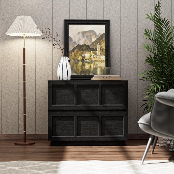 Modern Classic Wood Dresser with 2 Deep Drawers, Bedroom Storage Cabinet in Black Finish, Wide Chest of Drawers for Clothing, Living Room, Entryway, Sturdy Anti Tipping Furniture