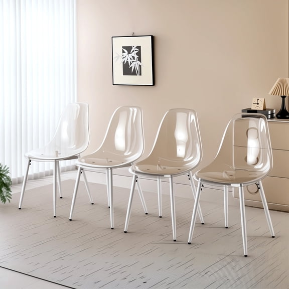 Modern Clear Acrylic Dining Transparent Ghost Chairs Set of 4 with Sturdy Metal Detachable Legs for Kitchen Dining Room Wedding Office, Easy Assembly, White