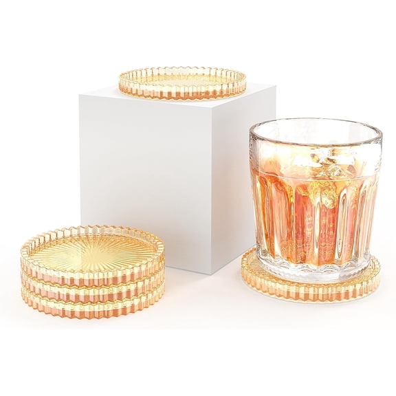 Modern Clear Coaster Set of 5- Amber Glass for Drinks Crystal Coasters Round Cup Coasters Coffee Table Decor for Office, Kitchen, Bar, Dining Room, Living Room,Used as a Candle Holder. (Amber)