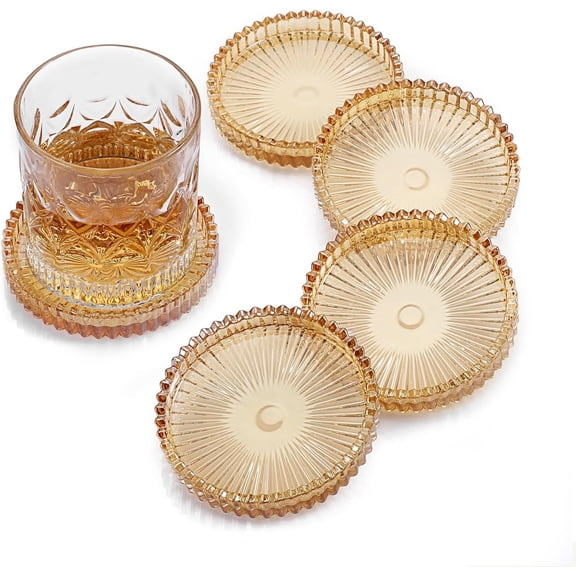 Modern Clear Coaster Set of 5- Glass Coasters for Drinks Crystal Coasters Round Cup Coasters Coffee Table Decor for Office, Kitchen, Bar, Dining Room, Living Room, Patio(Amber)