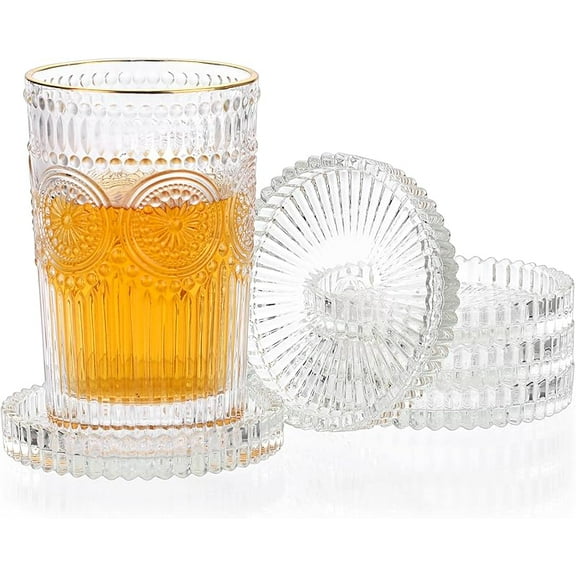 Modern Clear Coaster Set of 5- Glass Coasters for Drinks Crystal Coasters Round Cup Coasters Coffee Table Decor for Office, Kitchen, Bar, Dining Room, Living Room, Patio(Amber)
