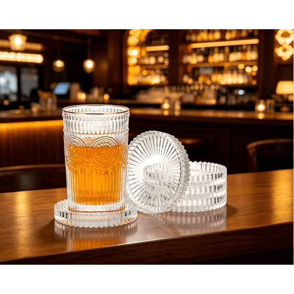 Modern Clear Coaster Set of 5- Glass Coasters for Drinks Crystal Coasters Round Cup Mat Coffee Table Decor for Office, Kitchen, Bar, Dining Room, Living Room, Patio (Clear)