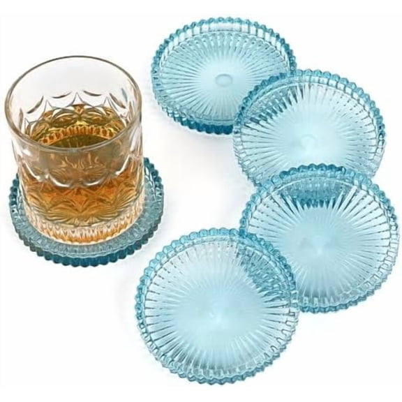Modern Clear Coaster Set of 5- Glass Coasters for Drinks Crystal Coasters Round Cup Mat Coffee Table Decor for Office, Kitchen, Bar, Dining Room, Living Room, Patio(Clear Blue)