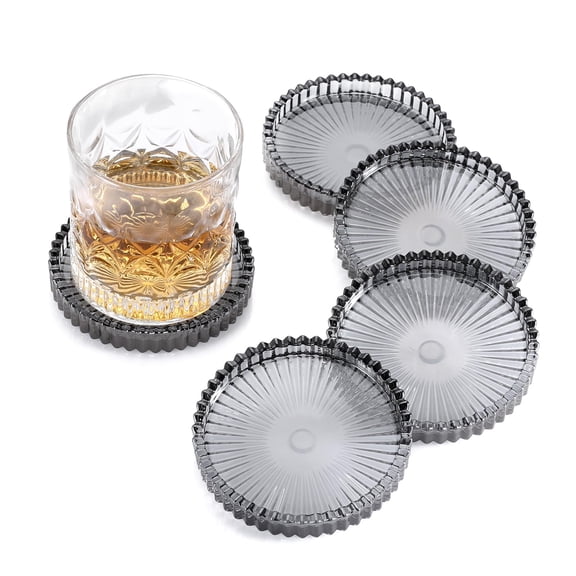 Modern Clear Coasters Set of 5- Glass Cute Coasters for Drinks Crystal Coaster Round Chic Cup Mat Cute Coffee Table Coaster for Kitchen, Bar, Dining Room, Living Room, Patio(Amber)