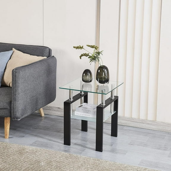 Modern Clear End Tables - Two Tiered Glass Nightstand Side Table Square Tempered Glass Table with Black Metal Frame for Living Room or Bedroom 1PC 17.72"x17.72"x20.5" (1PC Clear)