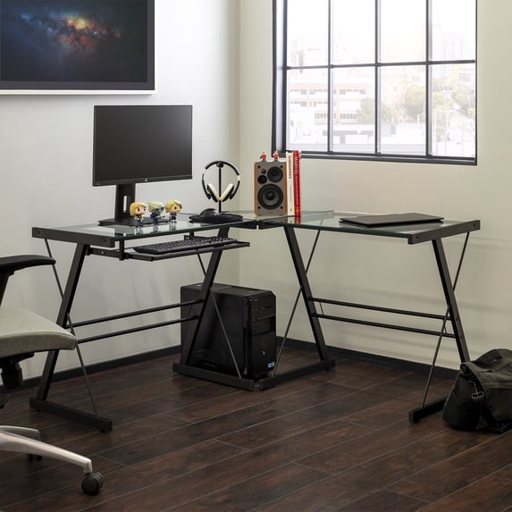 Modern Clear Glass Black Metal L-Shaped Corner Computer Desk by Manor Park