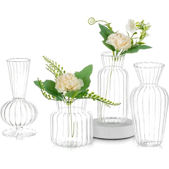 Modern Clear Glass Bud Vase Set: 4Pcs Small Mini Flower Centerpieces Vases Handmade DecorativeCute Short Window Corner Home Decor for Wedding Reception Dining Table Single Rose Flowers