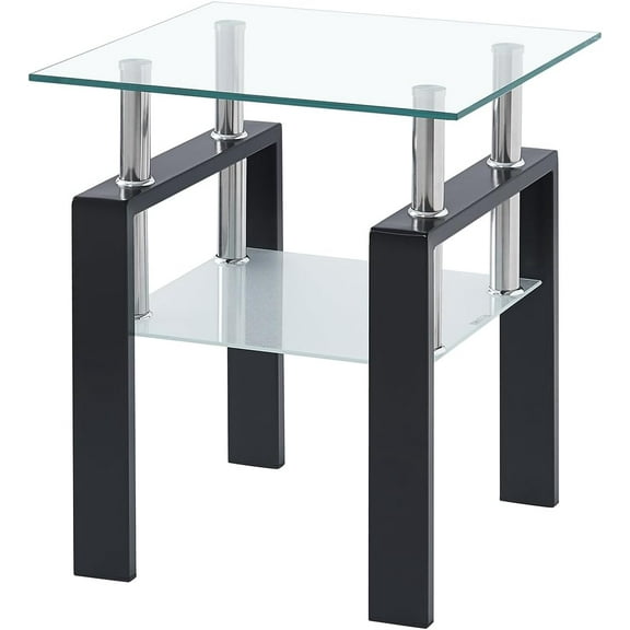Modern Clear Glass End Tables - Two Tiered Nightstand Side Table Square Tempered Glass Table with Metal Frame for Living Room or Bedroom 17.72"x17.72"x20.5" (1PC Clear)