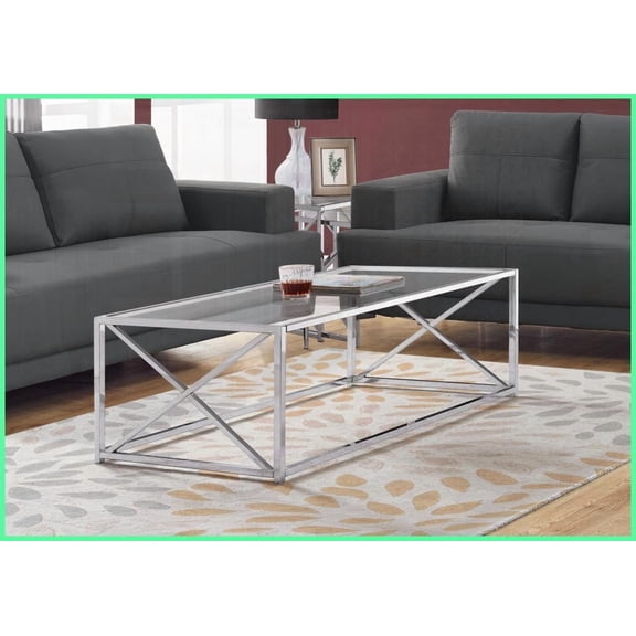 Modern Clear Tempered Glass Coffee Table - 44” Wide Polished Chrome Base, Spacious Easy-Clean Top for Living Room