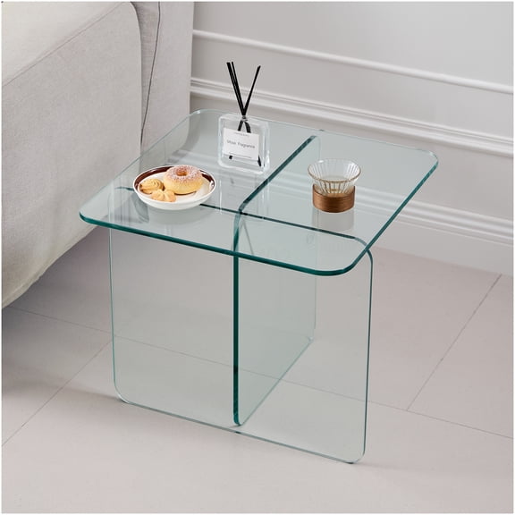 Modern Clear Tempered Glass End Table for Living Room, Transparent Sofa Side Table with Rounded Corners, Small Accent Tea Table