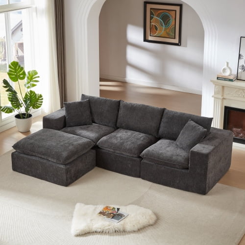 Modern Cloud Sofa, Chenille Modular Sectional Sofa with Reversible Cushions, 4-Seat Combination Living Room Furniture for Apartment, Office, Black