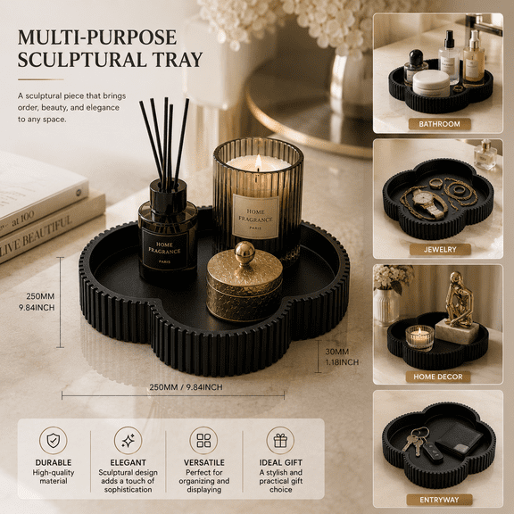 Modern Clover-Shaped Decorative Tray, 7 Inch Vanity Organizer for Perfume, Jewelry, Candles and Coffee Table Decor, Sculptural Catchall Tray with Textured Edge, Black