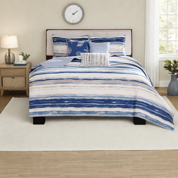 Modern Coastal 6Piece Bedding Sets Cotton Blend Blue Striped Design for Home Comfort