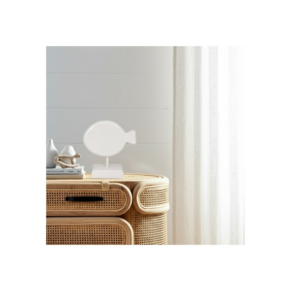 Modern Coastal Fish Figurine Decorative Sculpture in Hand-Carved Albasia Wood with Textured Design on Black or White Base