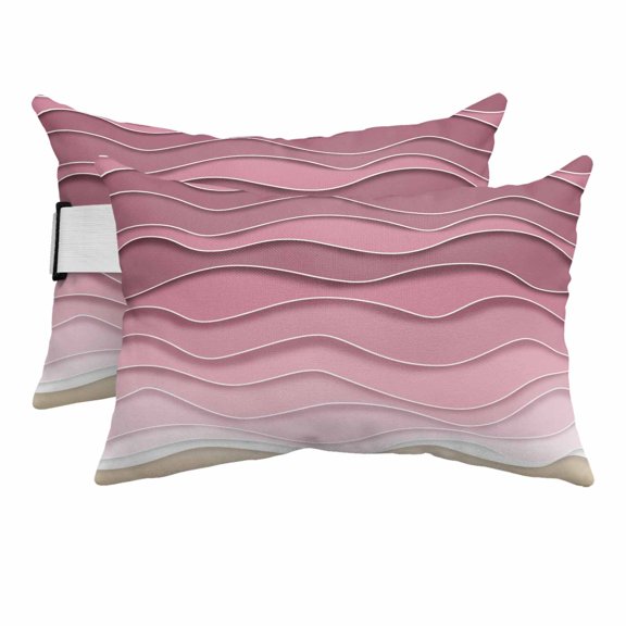 Modern Coastal Ocean Pink Sea Waves Outdoor Pillow for Chaise Lounge Chair,Geometric Water Ripple Waterproof Headrest Lumbar Pillows with Insert&Elastic Strap for Patio Pool Garden Chairs,2 Pack