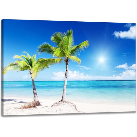 Modern Coastal Palm Tree Canvas Wall Art, Tropical Beach Ocean Seascape Painting, Framed Wall Decor for Living Room Bedroom Bathroom Office