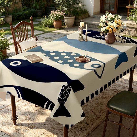 Modern Coastal Polka Dot Scale Fish Print Tablecloth, Kitchen Living Room Dining Decor, Aesthetic Nautical Table Cover, Thanksgiving Christmas Gift