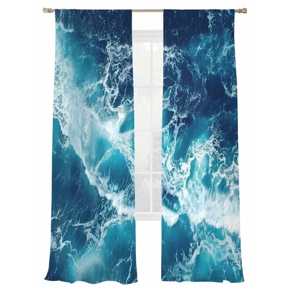 Modern Coastal Sheer Curtains 84 inches Long 2 Panels Set Deep Sea Aqua Crashing Waves Nature Sheer Drapes Rod Pocket Window Curtains for Living Room/Bedroom