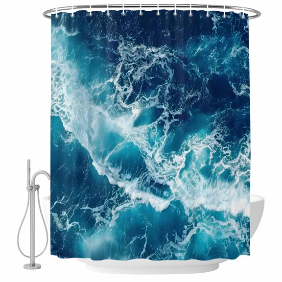 Modern Coastal Shower Curtain Deep Sea Aqua Crashing Waves Nature Waterproof Fabric Shower Curtain Set with 12 Hooks, Bathroom Curtains for Farmhouse Home Hotel Holiday Decor, 72" W x 84" L