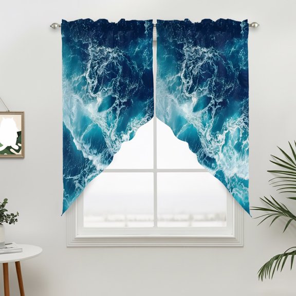 Modern Coastal Swag Valances for Windows, Deep Sea Aqua Crashing Waves Nature Rod Pocket Short Curtains, Machine Washable Kitchen Window Topper for Bathroom Living Room, 28 x 36 Inch, 1 Pair