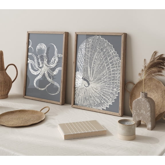 Modern Coastal Wall Art Prints, Gray Beach, Sea Shell, Octopus, Ocean Theme, Life, Coastal Living Room And Gallery Wall Decor