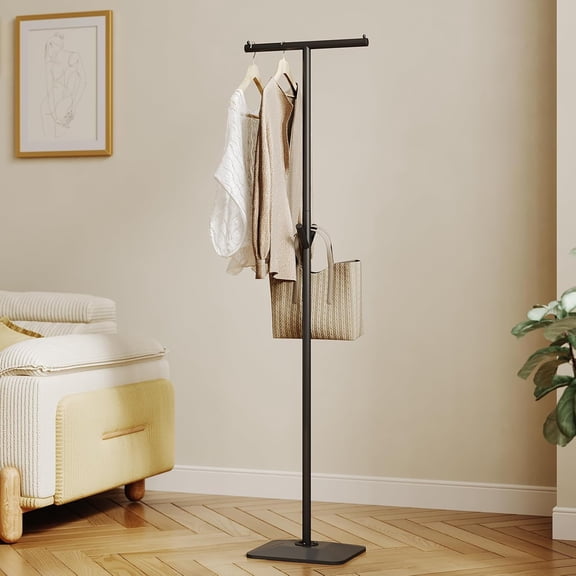 Modern Coat Rack Freestanding, Metal Standing Coat Rack Coat Tree with Geometric Cast Iron Base and Hooks, T-Shaped Coat Hanger Stand for Coats, Hats, Bags, Purses
