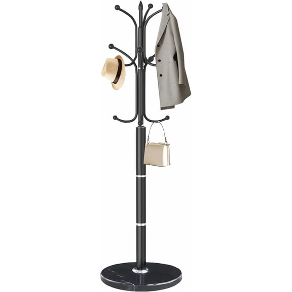 Modern Coat Rack Stand, Metal Freestanding Coat Rack with Natural Marble Base, Heavy-Duty Coat Racks with 12 Hooks,Black Coat Hanger Tree Stand for Office, Entryway, Hallway