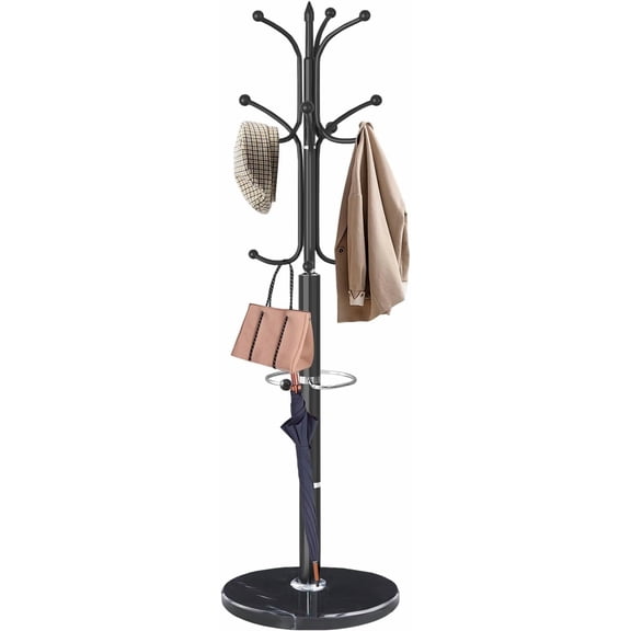 Modern Coat Rack Stand, Metal Freestanding Coat Rack with Natural Marble Base, Heavy-Duty Coat Racks with Umbrella Holder,Black Coat Hanger Stand with 12 Hooks for Office, Entryway, Hallway