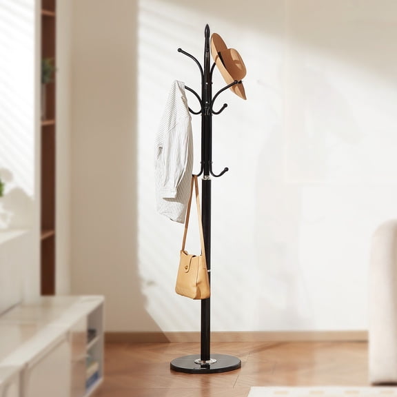 Modern Coat Tree with Weighted Marble Bottom, 6 Anti-Slip Hooks for Jackets, Scarves, Bags, Stable Floor Standing Design for Home, Office, or Entryway