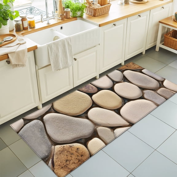 Modern Cobblestone Texture Art Rectangle Area Rug 2x6ft,Living Room Rug Non-Slip Washable Circle Rugs Pad,Seamless Brown Pebble Stone Soft Floor Carpet for Bedroom Dining Room