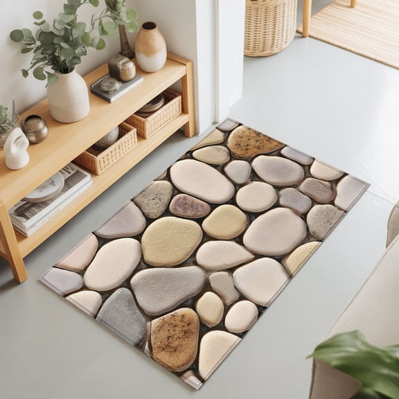 Modern Cobblestone Texture Art Rectangle Rug 2'x3' Seamless Brown Pebble Stone Washable Area Rugs for Living Room Bedroom Entryway Non Slip Entrance Door Mat Indoor Floor Carpet