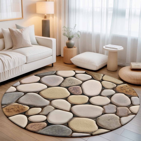 Modern Cobblestone Texture Art Round Rug 5ft Seamless Brown Pebble Stone Washable Area Rugs for Living Room Bedroom Entryway Non Slip Entrance Door Mat Indoor Floor Carpet