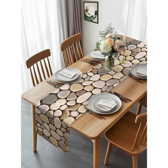 Modern Cobblestone Texture Art Table Runner 90 Inches Long, Seamless Brown Pebble Stone Table Runners Tabletop Scarf Kitchen Dining Tables Decoration for Home Party Indoor Outdoor