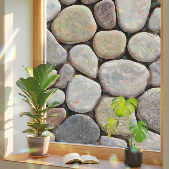 Modern Cobblestone Texture Art Window Privacy Film, Rainbow Film Decorative Window Sticker 17.7x39.3in, Seamless Brown Pebble Stone Sun Blocking Static Stained Glass Cling Tint Non-Adhesive