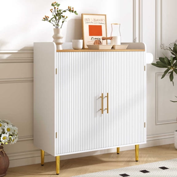 Modern Coffee Bar 9-Grid Wine Hidden Drawer, 3-Level Adjustable Shelves, 2 Convertible Glass Holders, Towel Rack, Tabletop Bezel, Liquor Cabinet with Fluted Texture, Nature