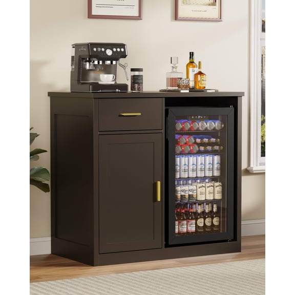 Modern Coffee Bar Cabinet with Mini Fridge Space, 39" Large Sideboard Buffet with Drawer & Storage Shelves, Brown Liquor Cabinet & Wine Bar Furniture for Home, Kitchen, Dining Room