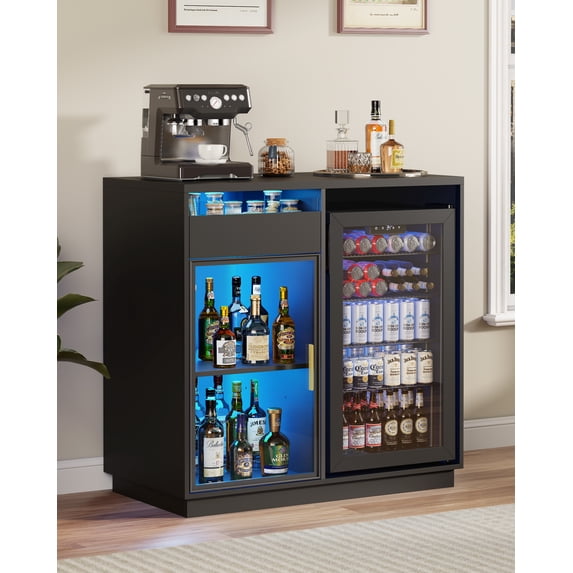 Modern Coffee Bar Cabinet with Mini Fridge Space, Wine Bar with LED Lights & Power Outlets, Glass Door Liquor Cabinet & Buffet Sideboard for Dining Room, Black